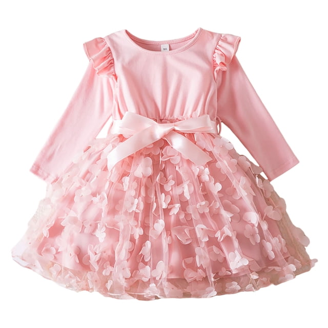Teen Dresses Long Sleeve Wave Point Prints Ruffles Bowknot Mesh Clothes Flower Girl Dress Pink 5-6 Years
