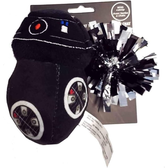Silver Paw Star Wars BB-9E Cat Toy with a black plush BB-9E droid infused with catnip and an attached black and silver crinkle ball that catches light, designed to entertain cats and kittens with interactive textures and sensory play.