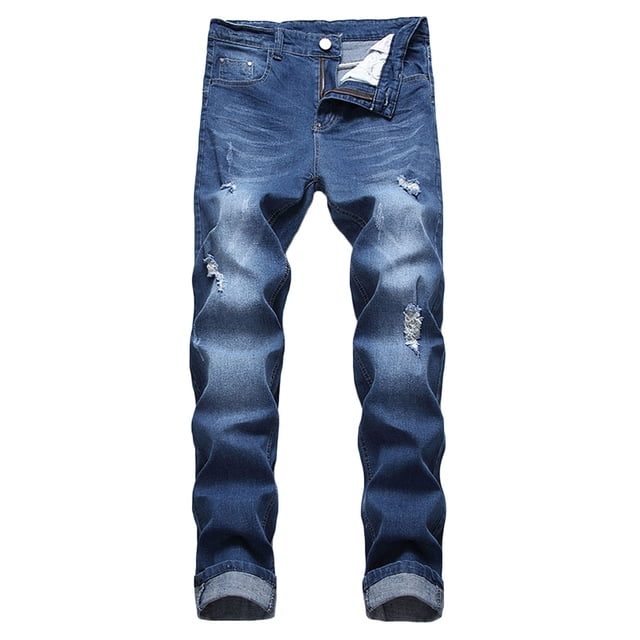 Jeans for Men Ripped Men Zipper Closure Solid Washed Stretch Casual Trousers Ripped Jeans