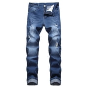 EGNMCR Jeans for Men, Men's Elastic Waist Loose Fit Denim Pants, Mens Pull On Jeans Men Zipper Closure Solid Washed Stretch Casual Trousers Ripped Men Pants
