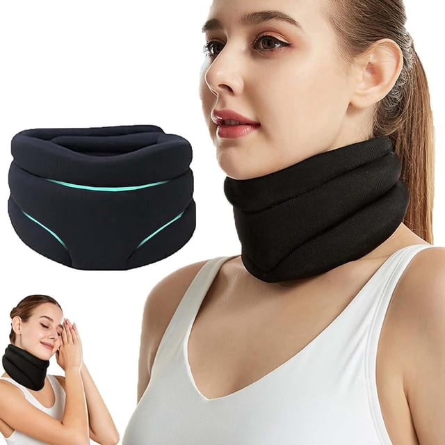 LAICAIW Cervicorrect Neck Brace for snoring and neck pain relief, shown in black with ergonomic design. Features a soft, memory foam construction with adjustable tightness for comfort and support. Includes a removable, washable outer layer made of breathable cotton fabric. Compact and portable, suitable for travel.