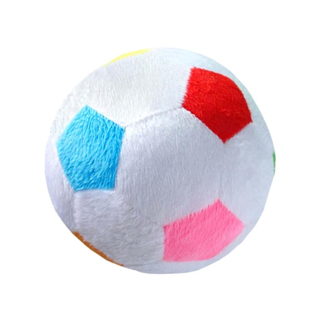 Multifunctional Plush Football Toy with a 17cm diameter, featuring a colorful design with red, blue, pink, and yellow panels on a white background. Made of soft plush material and filled with high-quality PP cotton, this toy includes a built-in bell for sound effects. Suitable for kids to develop grasping ability, wrist flexibility, and hearing. Ideal as a gift for toddlers, boys, and girls.