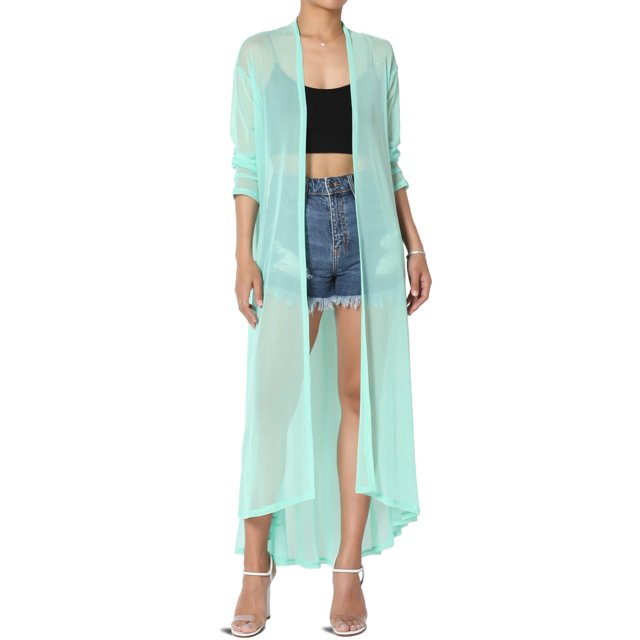 TheMogan Cardigan Long à Manches Longues en Maille pour Femmes Mi-Mollet Caftan Transparent