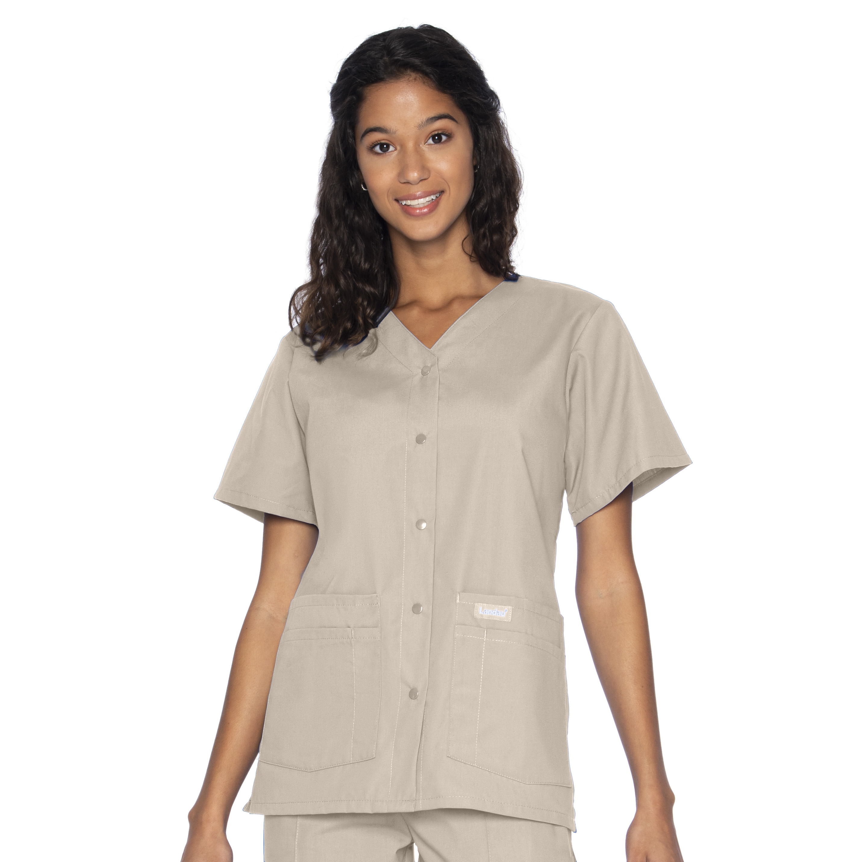 Landau Essentials Women's Snap Front Scrub Top, Classic Relaxed Fit, V-Neck, 4 Pockets