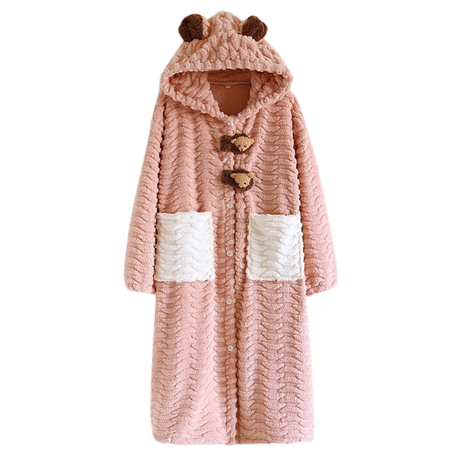 HAiming Robe à Capuche pour Femmes, Peignoir Doux et Mignon, Robe de Chambre Boutonnée, Molleton Duveteux, Tenue d'Intérieur Chaude avec Poches