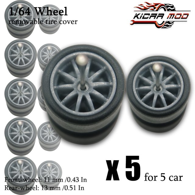 1/64 Front Small Rear Big Wheels with Detachable Slick Rubber Tires for Model Cars Refiting Parts for Hotwheels (5 Sets) RLCBS007
