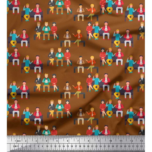 Soimoi Brown Poly Georgette Fabric Human Group Decor Fabric Printed Yard 42 Inch Wide