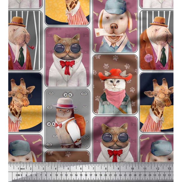 Soimoi Silk Fabric Paw,Hat & Animals Patchwork Print Fabric by The Yard 42 Inch Wide