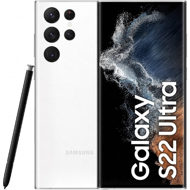 Refurbished Samsung Galaxy S22 Ultra 5G smartphone in white, featuring a 6.8-inch Dynamic AMOLED 2X display with 120Hz refresh rate and Gorilla Glass Victus+ protection. The phone showcases a quad rear camera system with a 108MP main lens, 10MP telephoto and periscope lenses, and a 12MP ultra-wide lens, alongside a 40MP front camera. Powered by the Snapdragon 8 Gen 1 processor, it offers 5G connectivity and is fully unlocked for use with all major carriers. Includes an integrated stylus for added functionality.