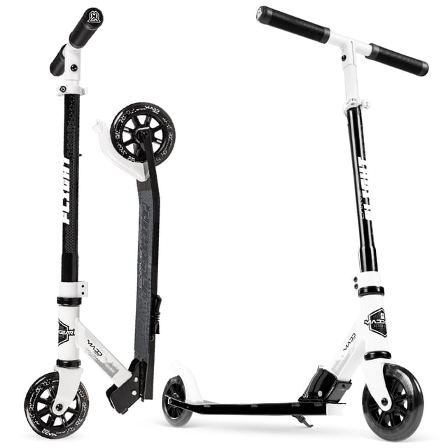 Light-Up Folding Kick Scooter for Kids Ages 5–12 – Carve Flight – Adjustable Handlebar, Lightweight Alloy, Rear Brake – Green – Madd Gear in black and white, featuring a quick-fold lightweight alloy frame, 3-stage adjustable handlebar with black foam grips, smooth composite wheels, non-slip deck, and rear fender brake, shown folded and unfolded on a white background for easy transport and storage.
