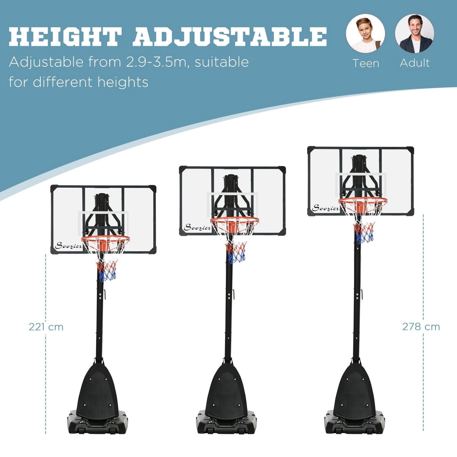 Soozier Panier de basket-ball avec base de poids à roulettes, hauteur réglable 115.4"-137.8