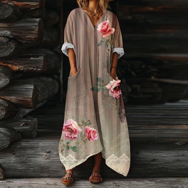 Heisall 2026 Printemps Été Bohème à Imprimé Floral Robe Maxi en Lin Col en V Manches Chauve-Souris Caftan Ample Robes avec Poches