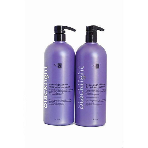 Oligo Blacklight Shampooing et Revitalisant Nourrissants 32oz Duo avec Deux Bouteilles à Pompe Violettes. Conçus pour les Cheveux Méchés, Décolorés et Colorés, le Shampooing et Revitalisant Sont Enrichis de 11 Acides Aminés et d'Huile d'Argan pour Hydrater, Renforcer la structure des Cheveux, Réparer les Dommages à la surface et Améliorer la Brillance et la Rétention de la Couleur.