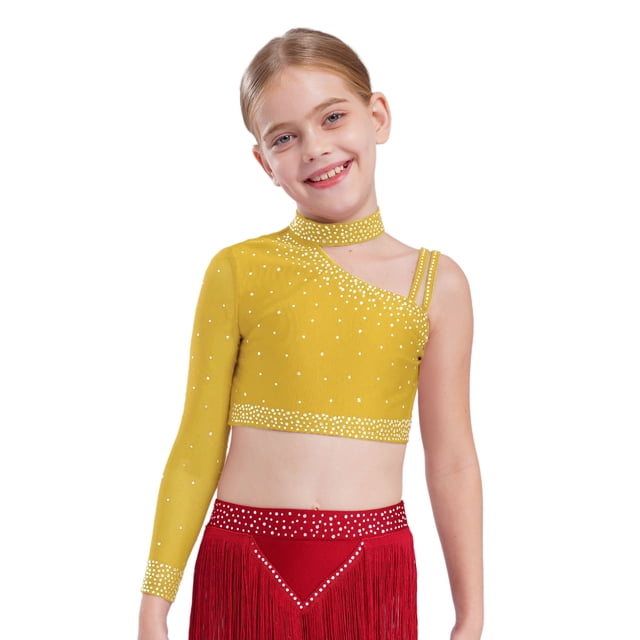 Manyakai Kids Girls Shiny Rhinestone Jazz Latin Modern Lyrical Dance Crop Tops Irregular Shoulder Yellow 14