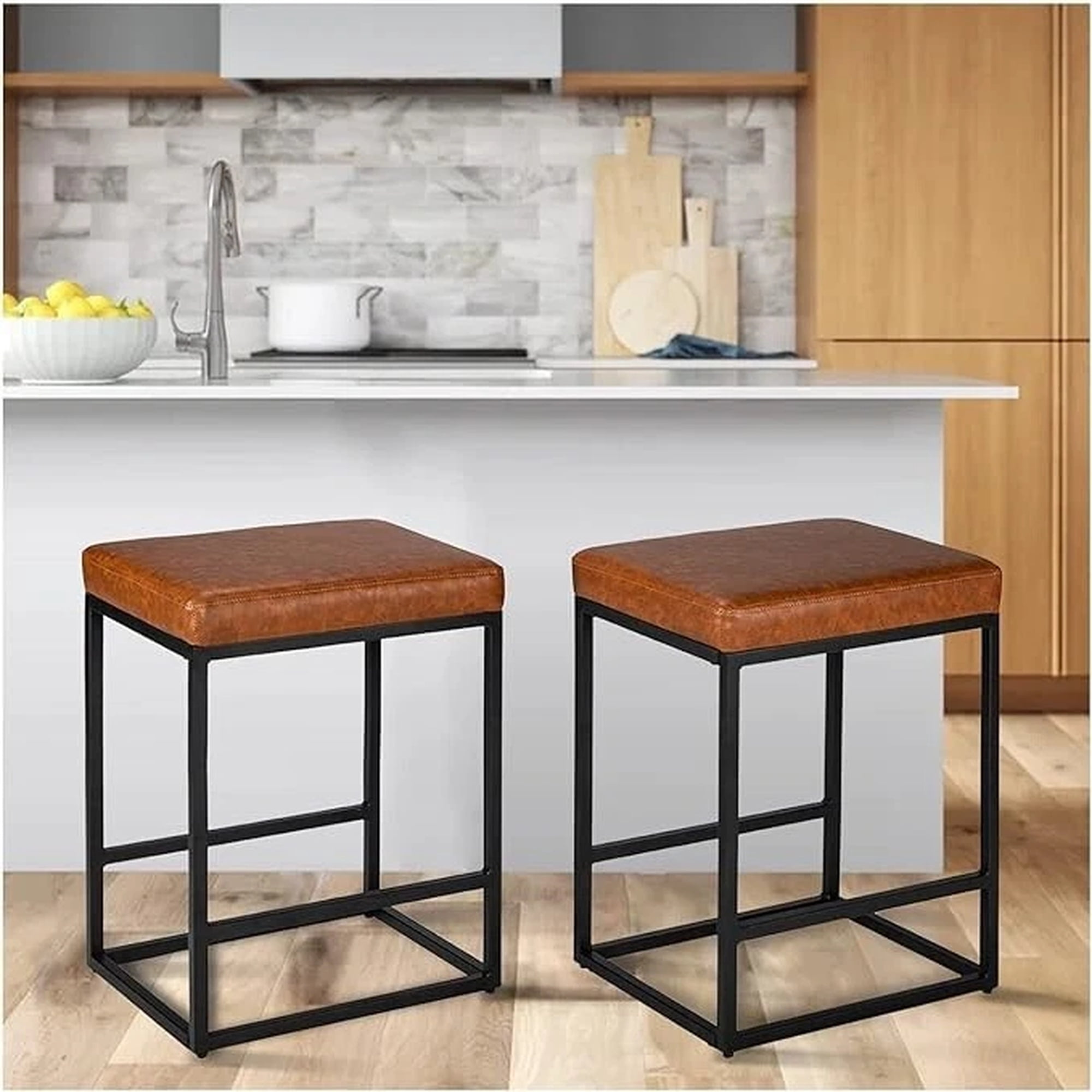 2PCS Square Bar Stool Set, 24" Counter Height Bar Stools with PU Leather Cushion, Heavy-Duty Metal Frame, Footrest, Non-Slip Feet for Kitchen Island, Bar & Dining - Brown