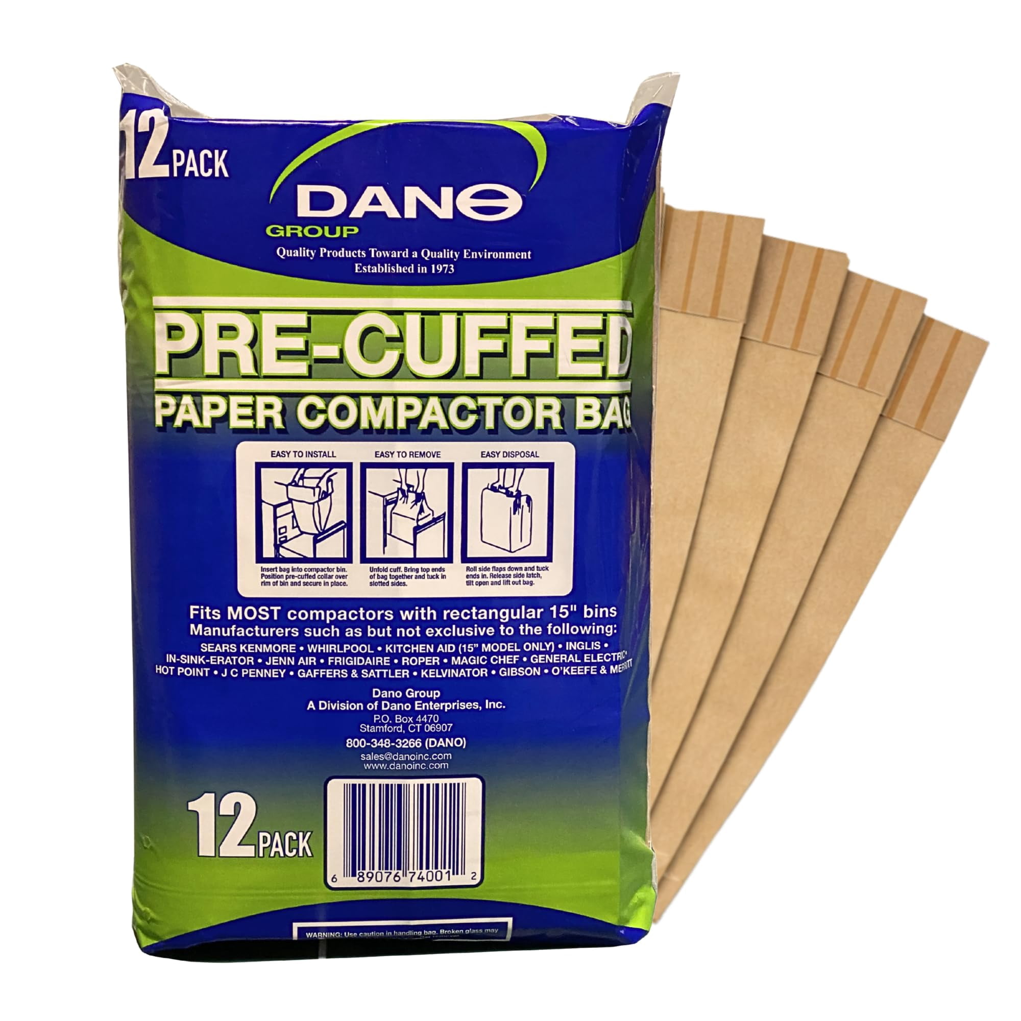 Dano Pre-Cuffed Paper Trash Compactor Bags (12 Pack) | Heavy Duty Kitchen Garbage Compactor Bags & Liners | 11 Gallon Precuffed Garbage Bag for Compactor | Eco-Friendly