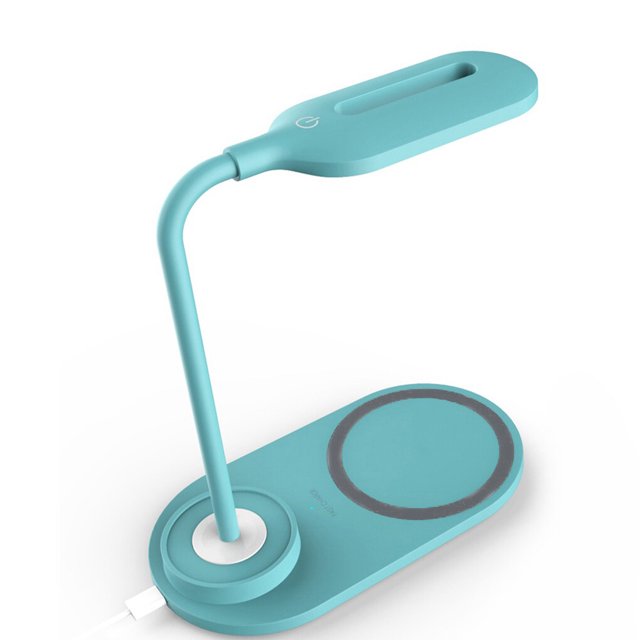 Lampe de Bureau avec Chargeur Sans Fil à DEL Bleue, Alliant une Fonctionnalité de Charge Rapide à un Éclairage DEL Moderne. la Lampe Présente un Tapis de Chargement Sans Fil sur Sa base, Idéale pour charger des Appareils Compatibles. Parfaite pour une Utilisation de Bureau à la Maison Ou au Bureau.