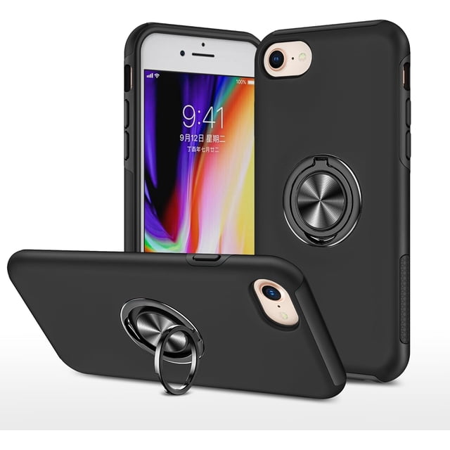 PST iPhone 7 / 8 / SE (2nd Gen.) Ring Case, Hybrid Magnetic Kickstand Case Cover with Invisible Ring Stand. Black cellphone case with a 360° rotatable ring stand and magnetic patch for car mounts. Designed with military-grade shockproof protection, reinforced corners, and a smooth, anti-fingerprint finish. Ideal for outdoor activities and hands-free phone use.