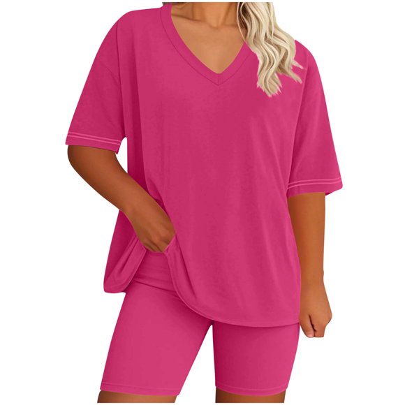 Womens Pajamas Two Piece Plus Size Lounge Sets Short Sleeve Oversized Tshirt Slim Shorts Sleepwear Pjs Weekend Hot Pink, L