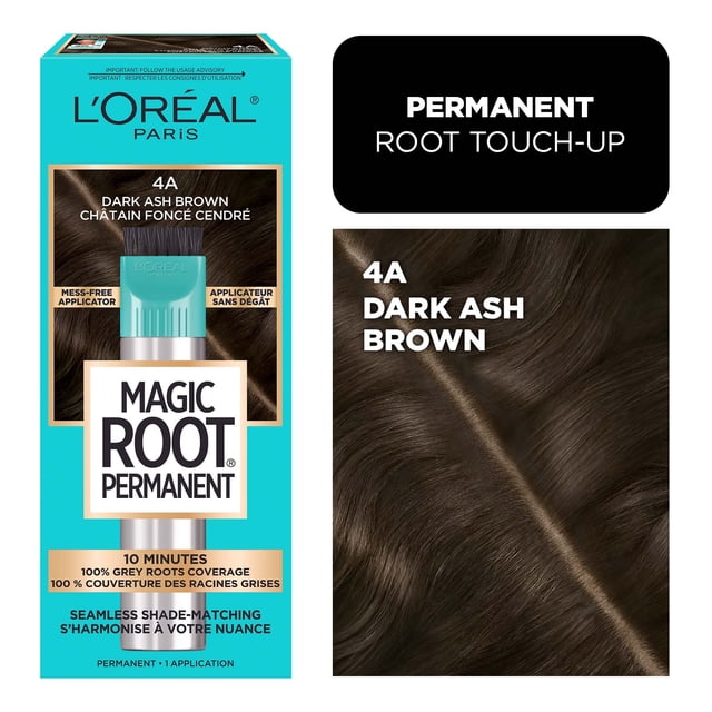 L'Oréal Paris Magic Root Permanent Hair Dye in 4A Dark Ash Brown, a permanent root touch-up with a mess-free precision applicator, delivering 10 minutes 100% grey root coverage and seamless shade matching for natural-looking hair roots, ideal for quick at-home root maintenance.