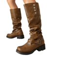 thumbnail image 1 of Slouchy Motorcycle Riding Combat Boots for Women Studded Leather Buckle Square Toe Knee High Cowboy Tall Boots, 1 of 6