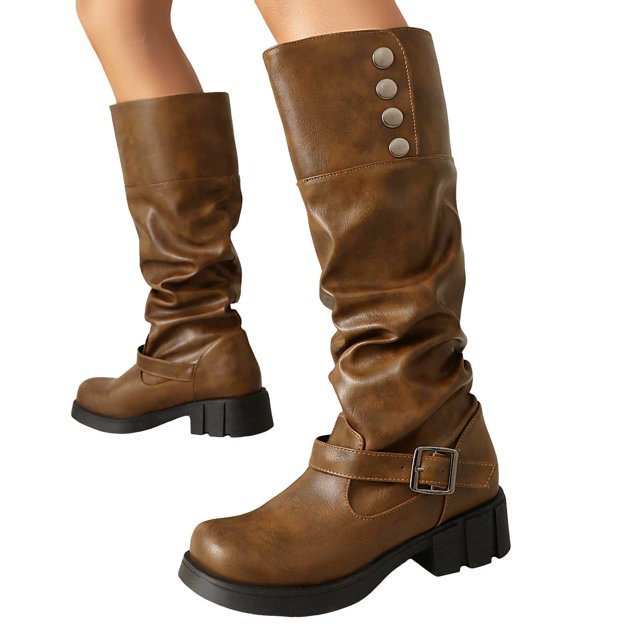 Slouchy Motorcycle Riding Combat Boots for Women Studded Leather Buckle Square Toe Knee High Cowboy Tall Boots