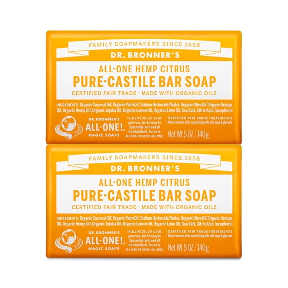 Dr. Bronner'S - Savon en Barre de Castille Pur (Agrumes 5 Onces Lot de 2) - Fait avec des Huiles Biologiques pour le Visage, le Corps et les Cheveux Doux et Hydratant Biodégradable Végétalien Sans Cruauté non-OGM
