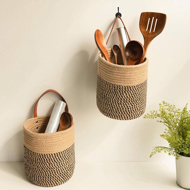 Panier Suspendu Naturel Tissé à la Main en Rotin - Simili Cuir Paniers de Rangement de Fleurs pour la Maison