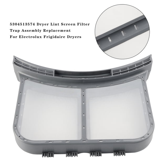 5304513574 Dryer Lint Screen Filter Trap for Electrolux Frigidaire Dryers. A grey plastic lint screen filter with a curved design and fine mesh panels, shown in a close-up view. Designed as a direct replacement for Electrolux and Frigidaire dryers, featuring durable, lightweight, and anti-rust materials. Includes detailed inset showing the mesh and frame construction.
