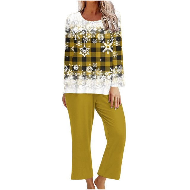 Pisexur Pyjama de Noël pour Femmes Ensemble Deux Pièces Tendance des Fêtes Imprimé Flocon de Neige Pyjamas de Noël Décontractés Manches Longues Col Rond Hauts Pantalons de Pyjama Tenue de Nuit