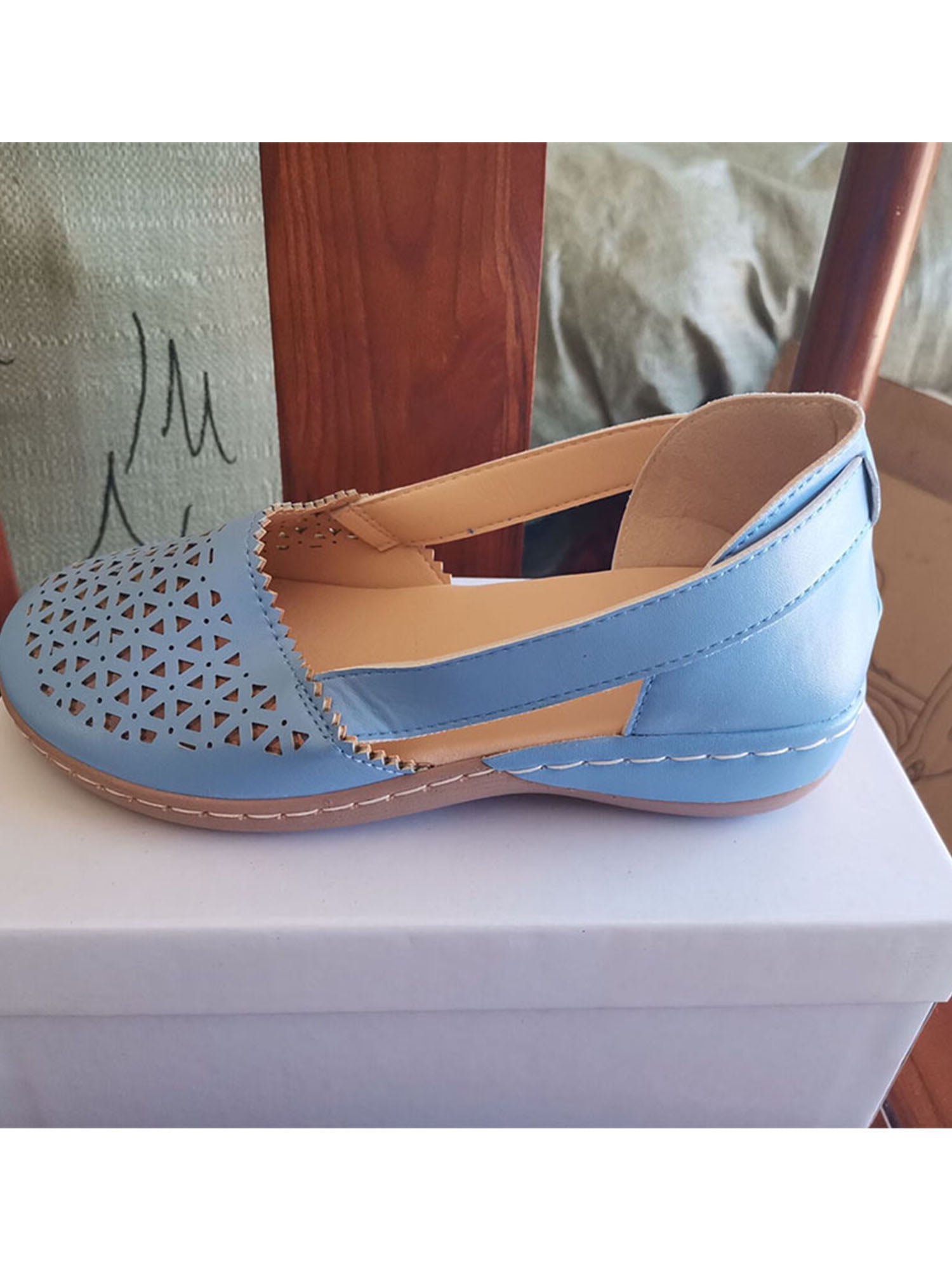 Woobling Ladies Wedges Solid Color Sandals Slip On Shoes Breathable Travel Blue 7