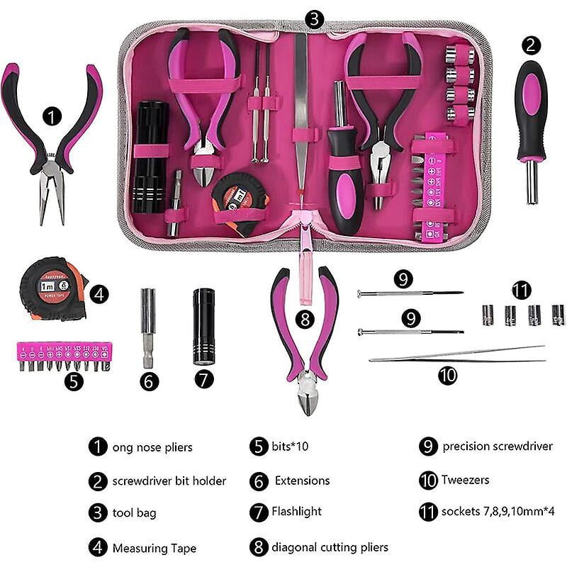 Pink Tool Kit 23 Pieces Women Home Tool Set with Tape Measure Pliers Cutters Sockets Screwdriver for DIY and Home Repair Office