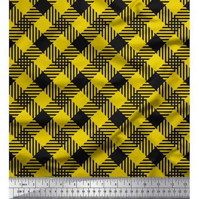 Soimoi Yellow Cotton Poplin Fabric Diagonal Check Print Sewing Fabric Yard 56 Inch Wide