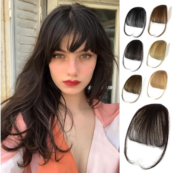 HSHDLDF Clip in Bangs 100% Human Hair Bangs Clip in Hair Extensions, Medium Brown Clip on Bangs Wispy Bangs Fringe with Temples Hairpieces for Women Curved Bangs for Daily Wear (French Bangs, Z-Natu