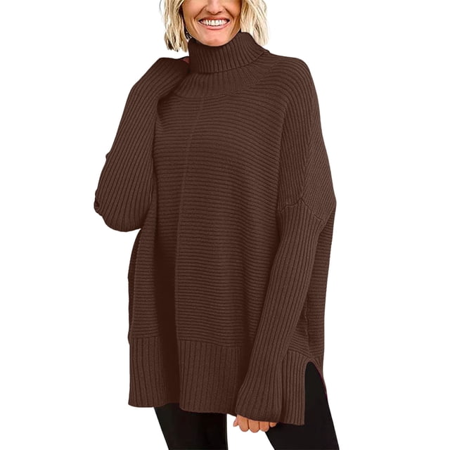 SGMVNU Women's Oversized Turtleneck Sweaters Fall Long Sleeve Ribbed Tunic Sweater Chunky Pullover Knit Tops(Coffee, 3XL)
