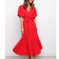 thumbnail image 4 of Jusqu'à 65 % de Réduction! Robes de Mode d'Été pour Femmes 2024 Grande Taille Décontractée Couleur Unie Col en V Lacée Manches Évasées Robe à Empiècements, 4 of 6