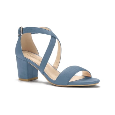 BLISSFUL STEP Women's Open Toe Cross Strap Mid Block Heel Sandals Haze Blue 10