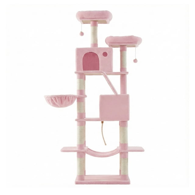 Large Cat Tree with 13 Scratching Posts, 2 Perches, Hammock, for Indoor Cats, Pink