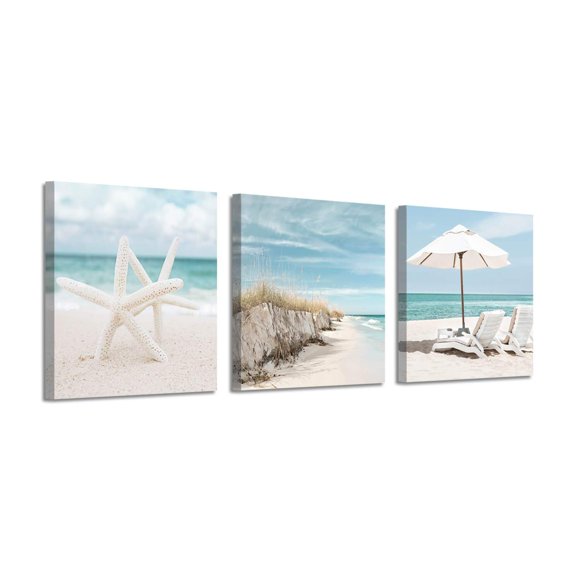ARTISTIC PATH Coastal Canvas Wall Art Print: Starfish & Beach Chairs on Sand Artwork for Wall Painting for Bedroom(12" W x 12" H x 3 PCS, Multi-Sized)
