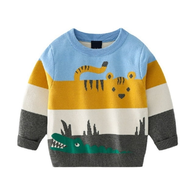 Pull Cartoon pour Garçons Automne Doux pour la Peau Pull Tricoté à Deux Couches Col Rond Hauts pour Tout-Petits 2-6 Ans