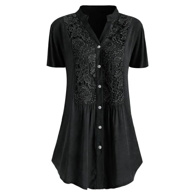 UPPADA Summer Plus Size Blouse for Women Short Sleeves V Neck Tops Solid Color Lace T Shirts Casual Button Tunic
