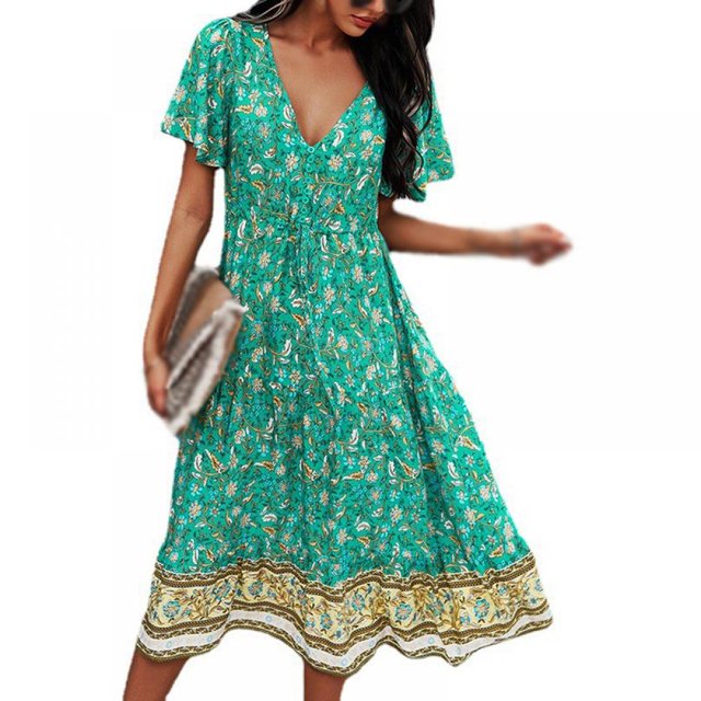 MesaSe Robes Bohèmes Imprimées Florales Col en V Manches Courtes Décontractées Plage Maxi Longue Robe