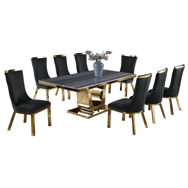 Gray Marble Dining Set with Gold Stainless Steel and Black Velvet Chairs
