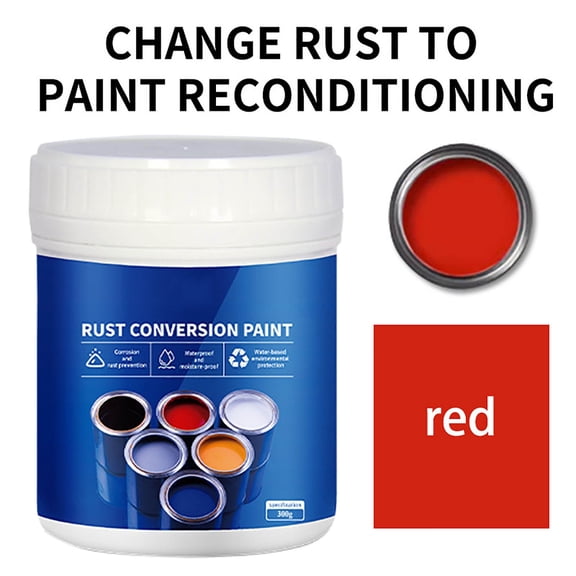 Weatherproof Rust Converter Paint for Metal, Rust Remover for Metals and Primer, Change Rust to Paint Reconditioning, Water-Based Industrial Anti-Rust Metallic Paint with Brush, 300G, Red
