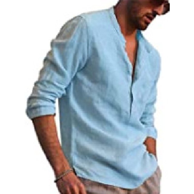 Innerwin Shirts Button Down Mens Tops Holiday Henley Neck Plain Blouse Light Blue S