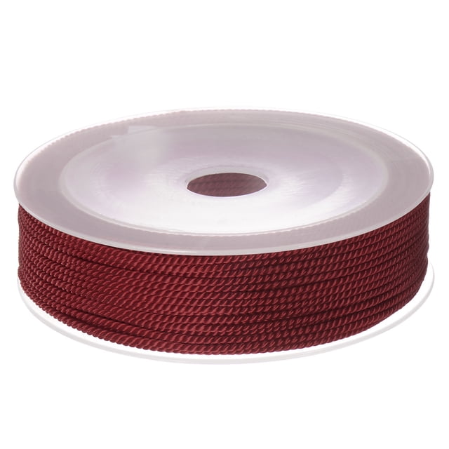 Unique Bargains Twisted Nylon Twine Thread Beading Cord, 1.5mm diameter and 20 meters (65 feet) in length, shown in dark red color. The extra-strong braided nylon string is rolled on a clear plastic spool for easy storage and cutting. Ideal for crafting, jewelry making, beading, and wrapping projects.