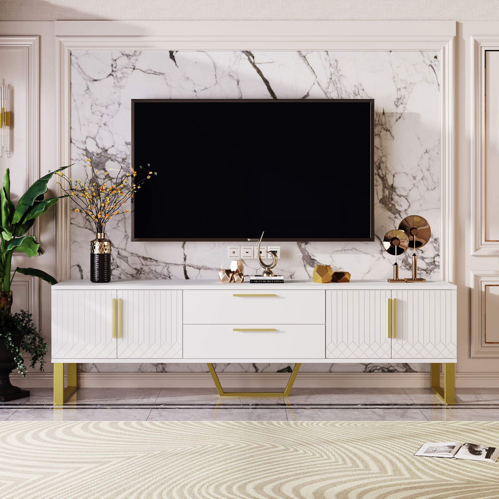 Noble House Meuble TV sur Pied à Haute Brillance, Poignées et Pieds Dorés avec Portes à Texture Gravée, Blanc