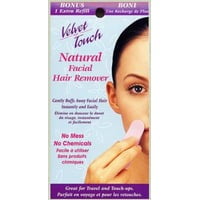 HAIR REMOVER BUFF Velvet Touch Natural Facial Hair Remover packaging in purple and white, designed for gentle, chemical-free facial hair removal on sensitive skin, leaving the face smooth and hair-free, suitable for women's personal care and hair removal cream use.