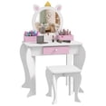 thumbnail image 1 of Qaba Coiffeuse pour Enfants avec Miroir et Tabouret, Motif Licorne, Blanc, 1 of 10