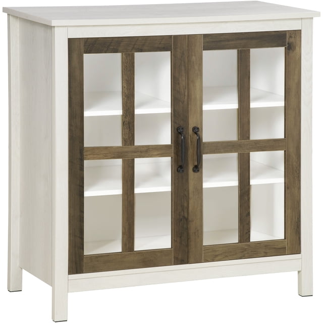 HOMCOM Buffet de Cuisine avec Portes en Verre Armoire Buffet Armoire d'Accent en Blanc Vieilli et Brun Rustique. Comprend des Portes en Verre Trempé avec un design à Grille, des Poignées en Métal Noir et des Tablettes Ajustables pour un Rangement Polyvalent. Fait de Panneau de Particules pour la Durabilité et un Nettoyage Facile. Convient aux Cuisines, aux Salles à Manger Ou aux Espaces de Vie. Dimensions : 31,5 Pouces de Large, 15,75 Pouces de Profondeur et 32 Pouces de Hauteur.